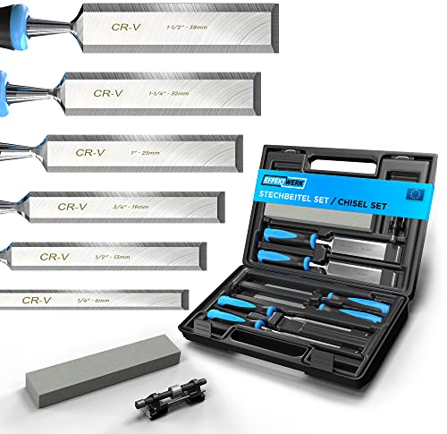 Effektwerk Set di 8 scalpelli con custodia, kit di attrezzi per intaglio del legno, scalpelli da carpentiere per la lavorazione del legno con pietra per affilare e ausilio per smerigliare