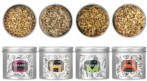 TMKEFFC Trucioli di Legno per Affumicatura Perfetto per Affumicatore da Cucina, Wood Chips 4 oz * 4 Lattine - 1x Mesquite, 1x Cherry, 1x Apple, 1x Hickory