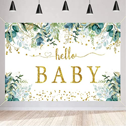 Hallo Baby Hintergrund für Baby Dusche Gold Eukalyptus Grün Blätter Geschlecht Neutrale Kinder Fotografie Hintergrund Neugeborene Party Dekoration Banner Schießen Prop 150cm x 90cm
