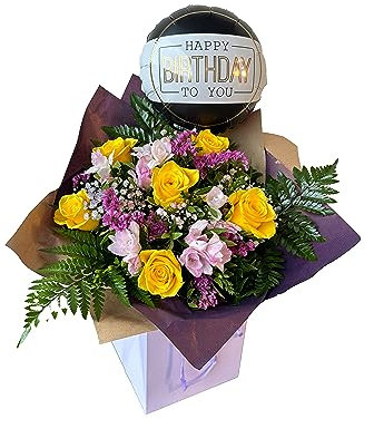 Sunshine fresh flowers delivery, Beautiful Hand-Tied Yellow Rose with Complimentary Birthday Balloon - Prime Bouquet for Special partty with Next Day flowers Nationwide Delivery.