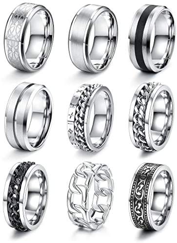 JeweBella 9 Stück Edelstahl Ringe Set für Herren - Silber Poliert, Keltischer Knoten, Vintage Biker, Schwarz Kette, Wikinger Gothic - Verlobung Freundschaftsringe für Männer