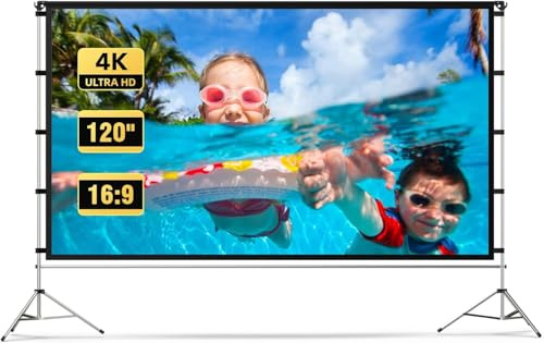 Projector Screen Outdoor, Vamvo Portable Projectors Screen with Aluminum Alloy Stand 120 Foldable Screens, 10 Feet Indoor Movie Screens with Carrying Bag for Home Theater Backyard Movie Night