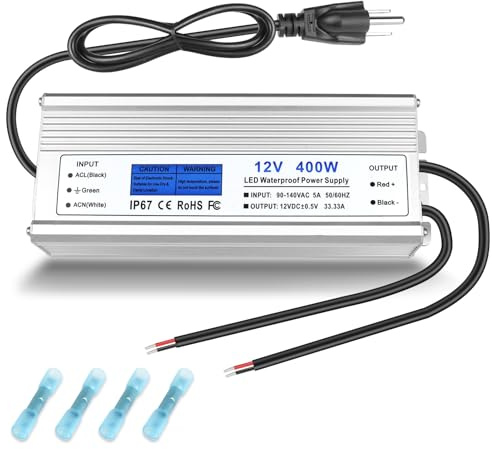 LED Driver 400 Watts, IP67 Waterproof 12V Power Supply, AC 90-140V to DC 12V 33.3A Low Voltage Transformer with 3-Prong Plug 3.28ft Cable for LED Lights, Computer Project, Outdoor Use