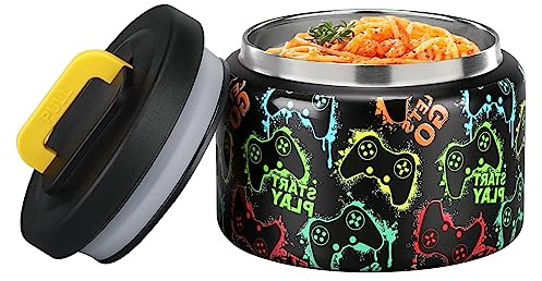 MAISON HUIS 8oz Soup Thermo Wide Mouth Vacuum Insulated Food Jar, Leak Proof Stainless Steel Hot&Cold Lunch Container for Kids (Black-Games Console)