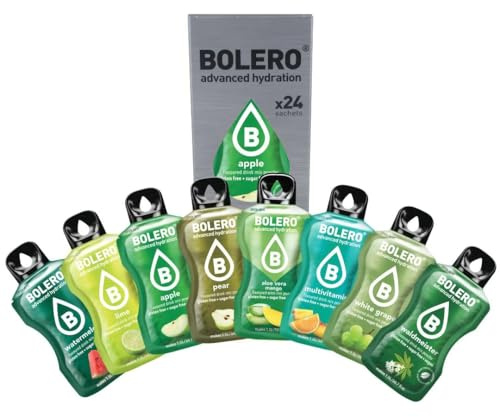 Bolero Mezcla de fusión verde de 24 x 9 g | Saftpulver ohne Zucker, gesüßt mit Stevia + Vitamina C | geeignet für Kinder, Sportler und Diabetiker