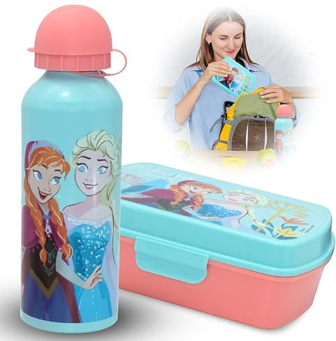 SRV Hub 2 fiambreras infantiles de Frozen con botella de agua y bebidas, botella de aluminio de 500 ml, juego de almuerzo sin BPA, apta para lavavajillas, para niños a partir de 3 años, FR50009