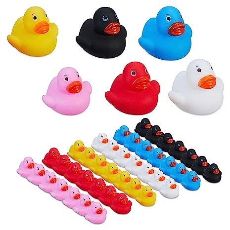 Relaxdays Badeenten, 48er Set, Quietscheente Kinder, 6 versch. Farben, Deko & Badewannenspielzeug, Gummiente klein, bunt