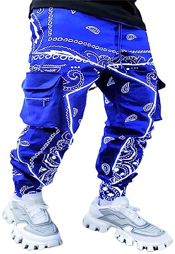 Harem Pantalon Homme Mode Impression Hip Hop Pantalon Multi-Poches Cargo Pantalon Homme Ample Jogging Pantalon Printemps Été Sport Pantalon Décontracté Streetwear Hommes B-Royal Blue L