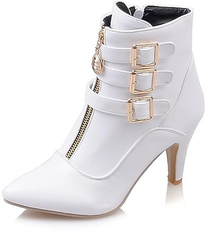 Buckle Ankle Boots for Women Pointed Toe High Heels Booties with Zipper Kitten Heel Shoes White 10