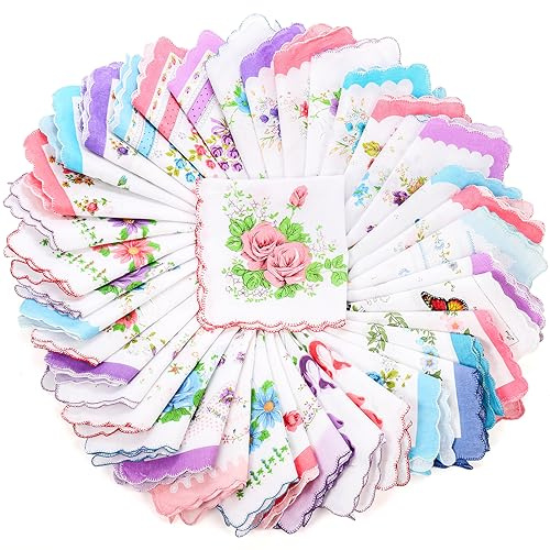 Goaste 40 Pack Cotton Handkerchiefs, 11.5 Women Hankies with Vintage Floral Print, Ladies Tea Party Hanky with Wavy Edge, Pocket Square Towel for Gifting, Weddings, Home Decor