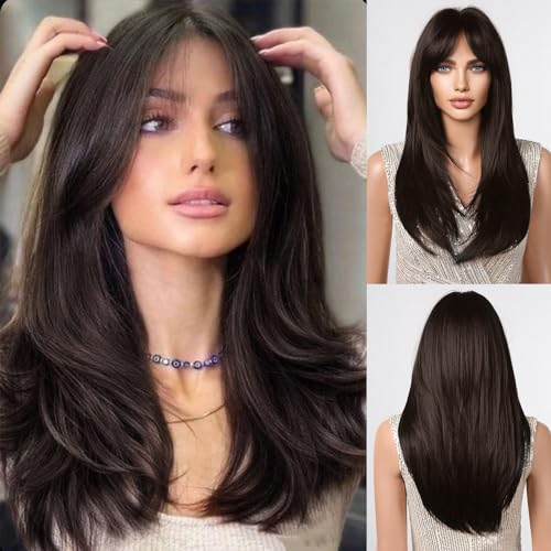 Allbell Parrucche nere castane con frangia, parrucche lunghe scalate da donna, parrucche sintetiche naturali resistenti al calore