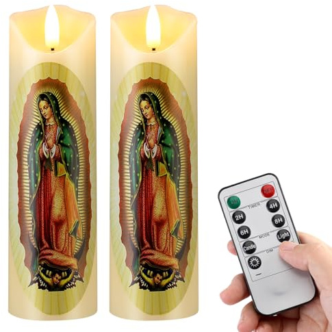Baquler 2 Pcs Religious Flameless LED Prayer Candle Real Wax Baptism Set Devotion Candles Religious Decoration Gift for Home and Office, Battery Operated with Remote Control(Lady of Guadalupe)