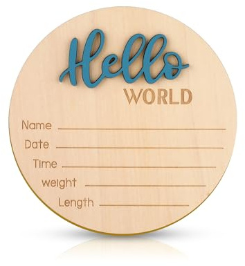 Panneau d'Annonce de Bébé, 15cm en Bois Hello World Panneau de Bienvenue pour Nouveau-Né Carte Mensuelle Bebe Bois pour Accessoires Photo Fête Prénatale Hôpital Crèche(Bleu)