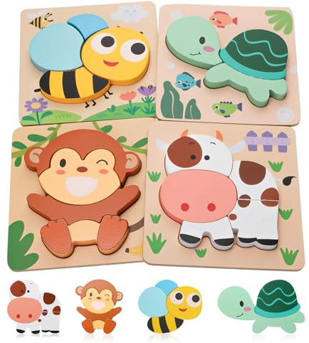 Halinuia Holzpuzzle ab 1 2 3Jahr 4 Stück Babyspielzeug ab 1 Jahr Lernspielzeug Tier Holzpuzzle Babyspielzeug für Junge Mädchen