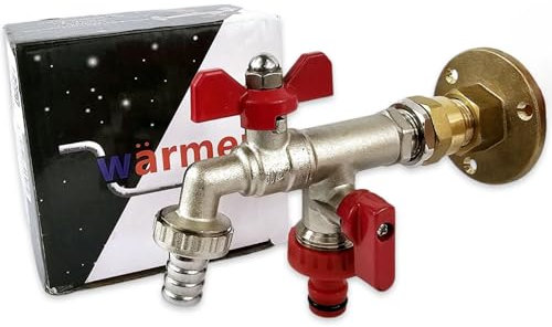 Wärmer System Robinet extérieur à double sortie avec adaptateur de bride murale à travers le mur, 1/2 x 3/4 x 3/4, robinet de jardin, poignée papillon, fixation murale