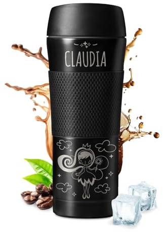 Maverton Tazza termica personalizzata 450 ml, coperchio ermetico, nero | Thermos tè caffè con la custodia antiscivolo, borraccia personalizzata acciaio inox per donna per compleanno, Fata