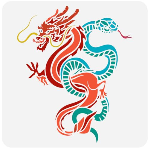 FINGERINSPIRE Drachen Und Schlangen Malschablone 30x30 cm Wiederverwendbar Orientalische Mythologie Sprühschablone Orientalische Totem Schablone Große Mythologische Themen Schablone PET Vorlage