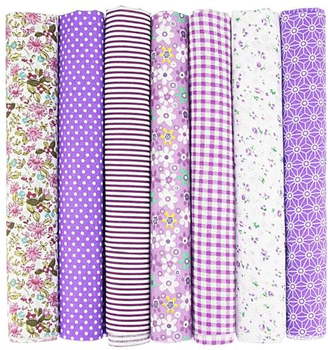 Sarini 50 x 50 cm Baumwoll-Bastelstoff-Bündel, Patchwork, 7-teilig, Patchwork-Baumwollstoff für DIY, handgenähter Quiltstoff, Stoffe mit verschiedenen Mustern (Ton – Lila)