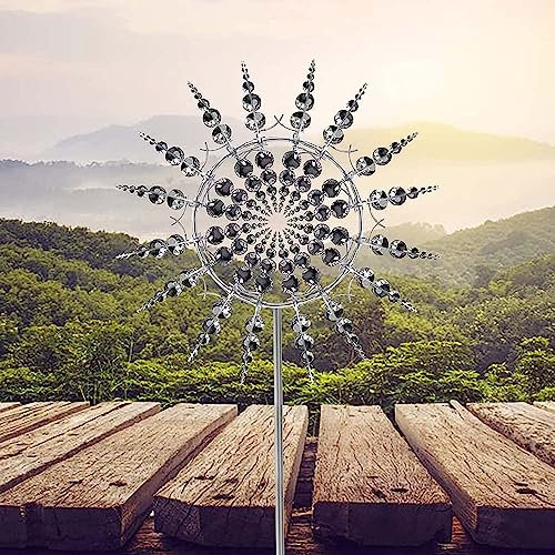 Unique Metal Windmill, 3D Wind Spinner Powered Kinetic Sculptures, Wind Catcher Magical Wind Spinners for Yard Patio Garden Lawn Decoration Outdoor, Diameter: 32cm/12.6inch, Boxed Package (Grey)