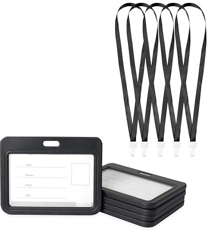 GLUN Svart horisontell ID-korthållare i plast öppet fodral med 5 svarta premiumremmar, dubbelsidiga synliga, unisex ID-korthållare fodral för kontor, skola och högskolor, paket med 5