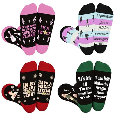 Funny Christmas Socks for Women, Music Lover Gifts for Girls, Singer Merchandise Winter Warm Knitted Socks Costume Accessories, White Elephant Gifts for Friends Sister Girlfriend Wife, 4 Pairs,