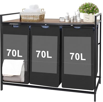 Extra Large Laundry Hamper, Laundry Hamper 3 Section with shelf - 210L Capacity, Laundry Basket for Clothes-1 Storage Shelf, Laundry Sorter for Laundry Room, Bedroom