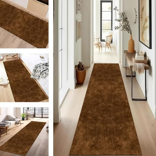 SUCERU Teppich Läufer Flur Diele Küche rutschfest Waschbar Dauerhaft 50X220CM Braun Abstrakt Modern Teppichläufer für Wohnzimmer Korridor Schlafzimmer Büro Esszimmer Flurläufer Anpassbar Meterware