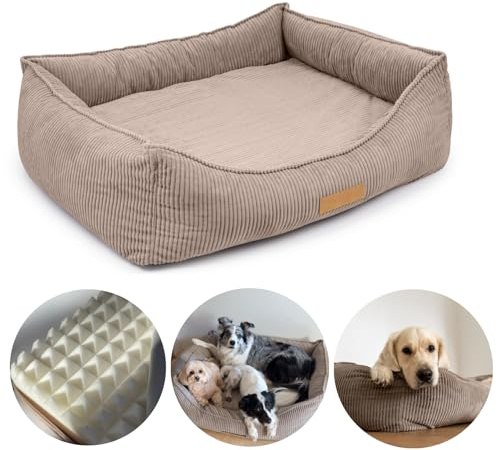 Petsen Hundebett Orthopädisches waschbar – Hundesofa große Hunde – Hundecouch mit Bezug abnehmbar – Hundematte mit Gravieren Namen (Beige, L 110 cm x B 90 cm x H 27 cm)