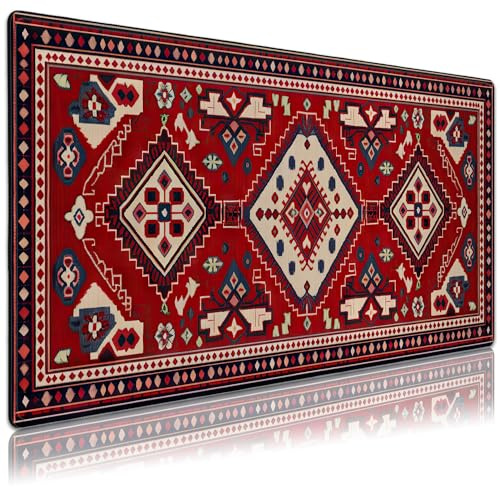 Niedliche Schreibtischunterlage, Boho-Mauspad, Retro, traditioneller Teppich, großes Gaming-Mauspad, rutschfeste Gummiunterseite, genähte Kanten, für Arbeit, Spiel, Büro, Zuhause, 90,9 x 40,9 cm