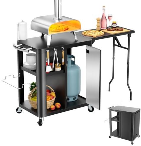 GFTIME Carrello per barbecue, tavolo con tavolino pieghevole, cucina all'aperto con gancio, scaffale e armadio, carrello da portata con ruote, cucina esterna, 143 x 37 x 89 cm