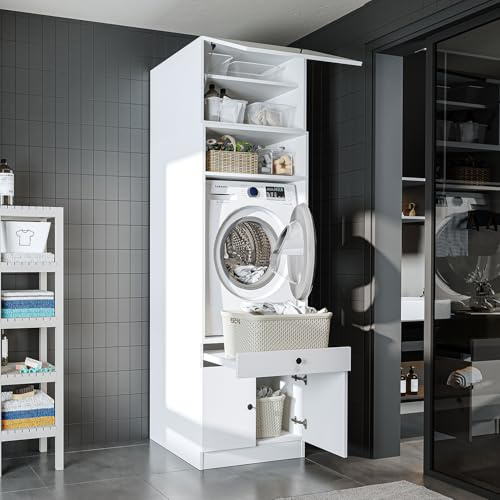 ROOMART Armoire de machine à laver avec plateau coulissant - Peu encombrante - Pratique - Idéale pour la buanderie (blanc, 1 armoire - (230 cm de hauteur))