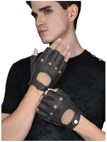 GSG SINCE 1998 Guantes de piel y cuero para hombre sin dedos – Medio dedo en piel de oveja, sin forro, transpirables, ideales para conducir, ciclismo y moto Verde Celadón L
