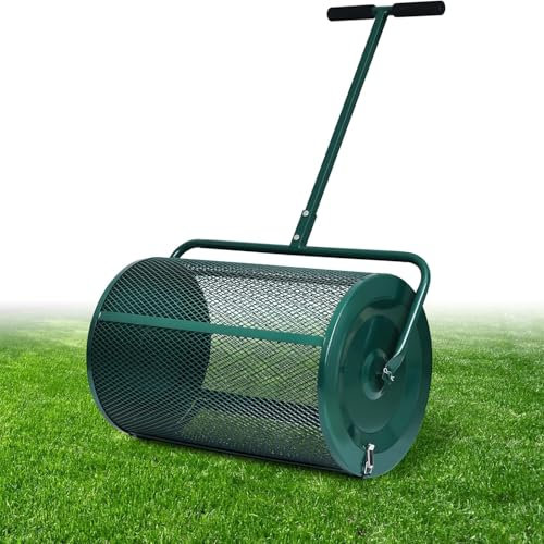 Épandeur de compost et de tourbe de 24 pouces - Épandeur de gazon polyvalent et robuste pour terre végétale, fumier, engrais et paillis - Maille métallique durable, rouleau monobloc - Aucun assembla