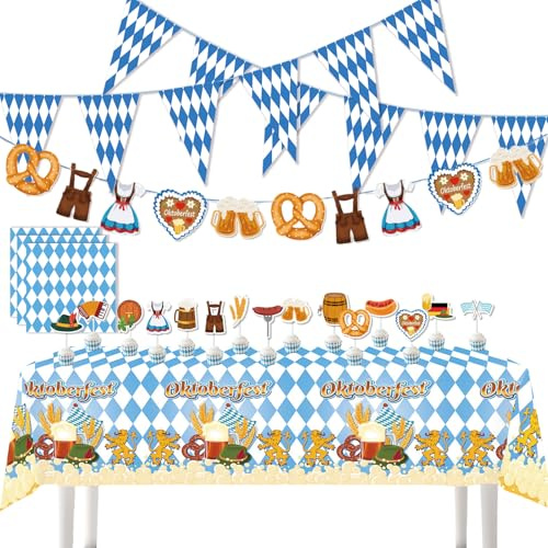 AYNKH Bayern Oktoberfest Party Dekoration Sets, Oktoberfest Blau Weiß Banner Wimpel Tischdecke Servietten Cake Topper Festival Supplies für Deutsche Bierparty