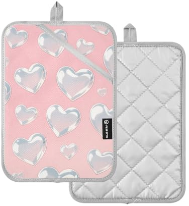Presine romantiche a forma di cuore argentato, con tasca per forno, confezione da 2