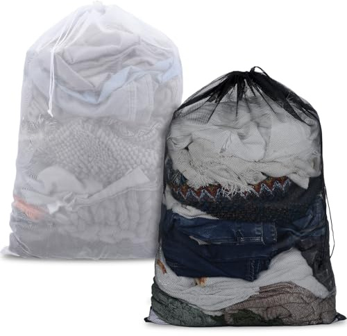 LXUEJIE 2 sacchetti per biancheria in rete, 61 x 91 cm, resistenti, per lavatrice, con coulisse, grandi sacchetti per lavanderia, per casa, hotel, dormitorio, appartamento, campeggio (nero, bianco)