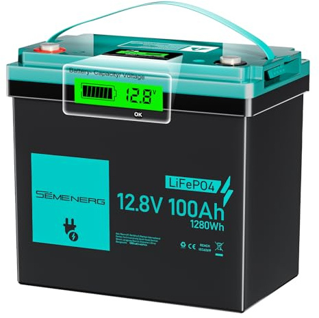 SEMENERG 12V 100Ah LiFePO4 MINI Lithium Batterie mit LED, 100A Intelligente BMS & Max.15000 Zyklen, 12 Volt Deep Cycle Akku 1280Wh Wiederaufladbare für Wohnmobil, Solar Home Systeme, Camping, Boote