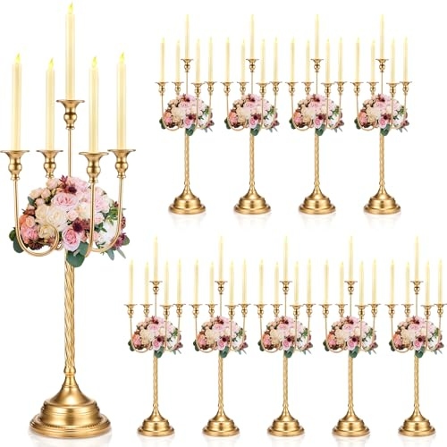 Rtteri 10 Pcs Gold Candelabra Candlestick Holder Metal Candle Stand Candelabra for Taper Candles Table Centerpieces Wedding Christmas Holiday Birthday Party (12.2 x 12.2 x 26.4 Inch,5 Arm)