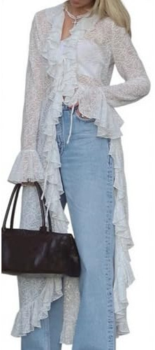 Felcia Womens Long Crochet Cardigan Lace Mesh Flowy Maxi Top Lightweight Ruffled Duster Layering Shirt Cover Up (A-WHITE, S)