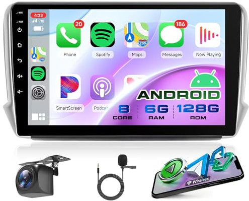 8 Core 6G+128G Android Radio Coche para Peugeot 2008 208 2012-2018 con Inalámbrico Carplay Android Auto GPS Navi WiFi Panorámica de 360° 10.1 Pulgadas Radio Bluetooth FM/RDS/DSP EQ/SWC Cámara Trasera