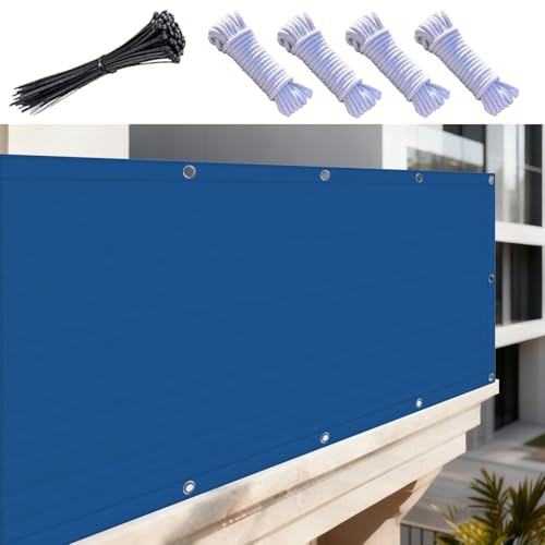 Flei Balkon Sichtschutz Ohne Bohren, 80x600CM, Balkonumrandung Sichtschutz Windschutz, Balkonabdeckung Schutz vor neugierigen Blicken, 100% PrivatsphäreBalkonverkleidung für Außengeländer, Blau