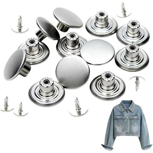 17mm Jeans Buttons No-Sew Metal Tack Buttons Replacement Kit 12 Set, Matte Silver