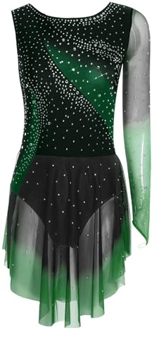 CHICTRY Body da Pattinaggio Artistico per Donna con Paillettes Body Danza Ginnastica con Gonnellino Monospalla Leotards da Balletto Abito da Ballo Latino Jazz Verde M