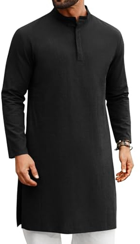 Runcati Mens Kaftan Thobe Long Sleeve Casual Henley Shirts Button Down Kurta Cotton Linen Muslim Gown Robe Black