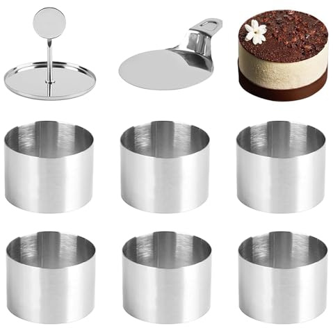 Joyeee Cake Ring Mold, 6 Pcs Stainless Steel Cake Cutter 3 inch Mousse Molds with Pusher & Lifter, Baking Tools for Pancake Pastry Dessert, Includes 6 Round Rings, 1 Pusher and 1 Lifter