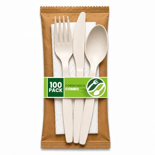 Cornstarch 4-in-1 Cutlery Set 100 Packs | Eco-Friendly Disposable Pack with Fork, Knife, Spoon & 2Ply Napkin | 100 Individually Wrapped, Biodegradable & Plastic-Free | for Takeaway, Catering & Events