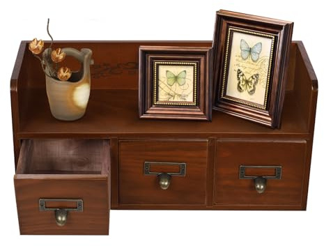 Loobiiny Holz Schubladenbox Vintage Schreibtisch Organizer Mit 3 Schubladen 38,5x14,5x18,5cm Aufbewahrungsbox Sofort Einsatzbereit SchmuckkäStchen BüRobedarf