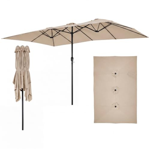 GOPLUS Parasol de Jardin Exterieur 4,3X2,7M, Grand Parasol Rectangulaire Double pour 6-8 Personnes avec Manivelle, 12 Baleines, Protection Solaire, pour Terrasse Marché Fête Plage (Marron)