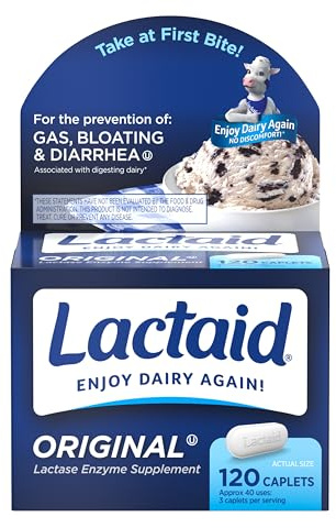 Lactaid Original Strength Lactose Intolerance Relief Caplets with Natural Lactase Enzyme, Dietary Supplement to Help Prevent Gas, Bloating & Diarrhea Due to Lactose Sensitivity, 120 ct.