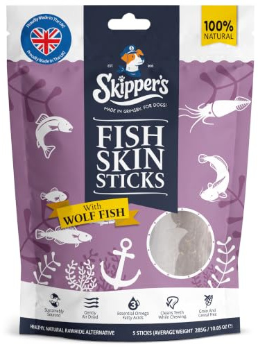 SKIPPER'S Wolf Fish Skin Sticks - Handmade & Gently Air-Dried, Healthy & Long Lasting Dental Chews, Essential Omega 3 Oils, High in Protein, Grain Free, Removes Plaque | Regular (250g) | Handmade, Gently air dried, Long lasting chew, High protein, Rich in Omega 3, Supports dental health